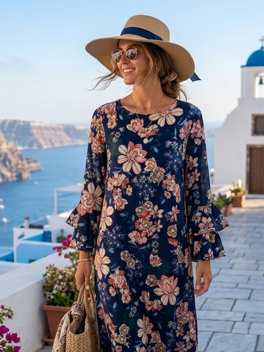 SJS Navy Blue Floral Ruffle Bell Sleeve A-Line Boho Dress L